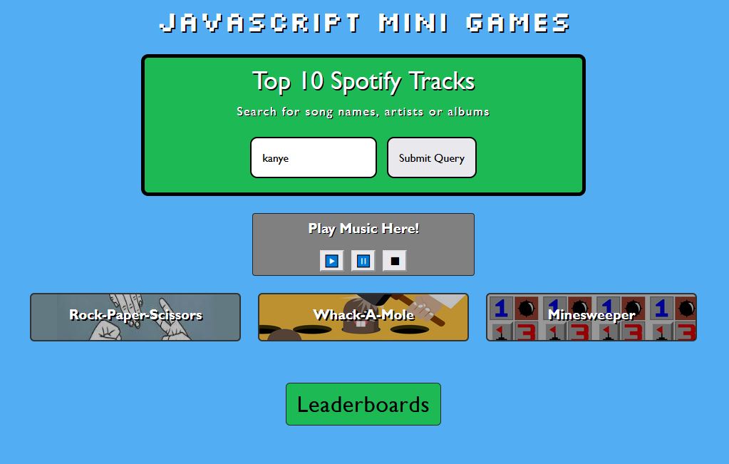 front page for the minigames website